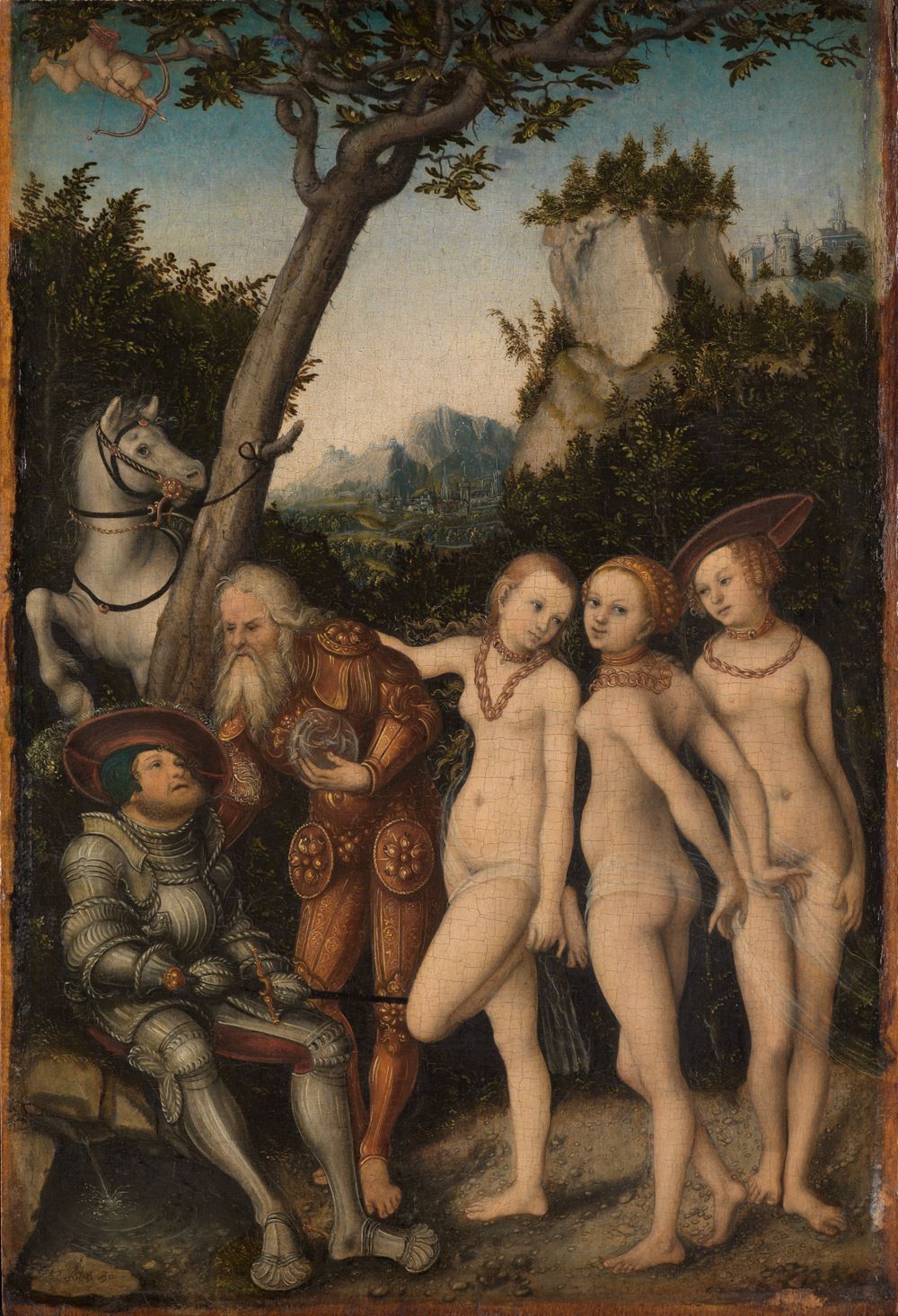 Das Bild von Lucas Cranach zeigt einen jungen Prinz, der in der Mitte sitzt, neben ihm stehen leicht bekleidete Göttinnen. Der Götterbote Hermes, mit einem geflügelten Hut, steht neben ihm.