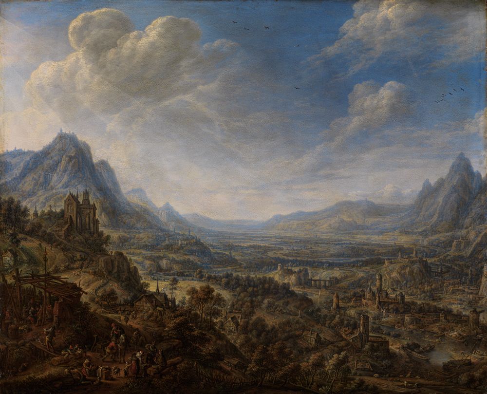 Herman Saftleven (1609) - Gebirgslandschaft mit Blick in ein weites Flußtal