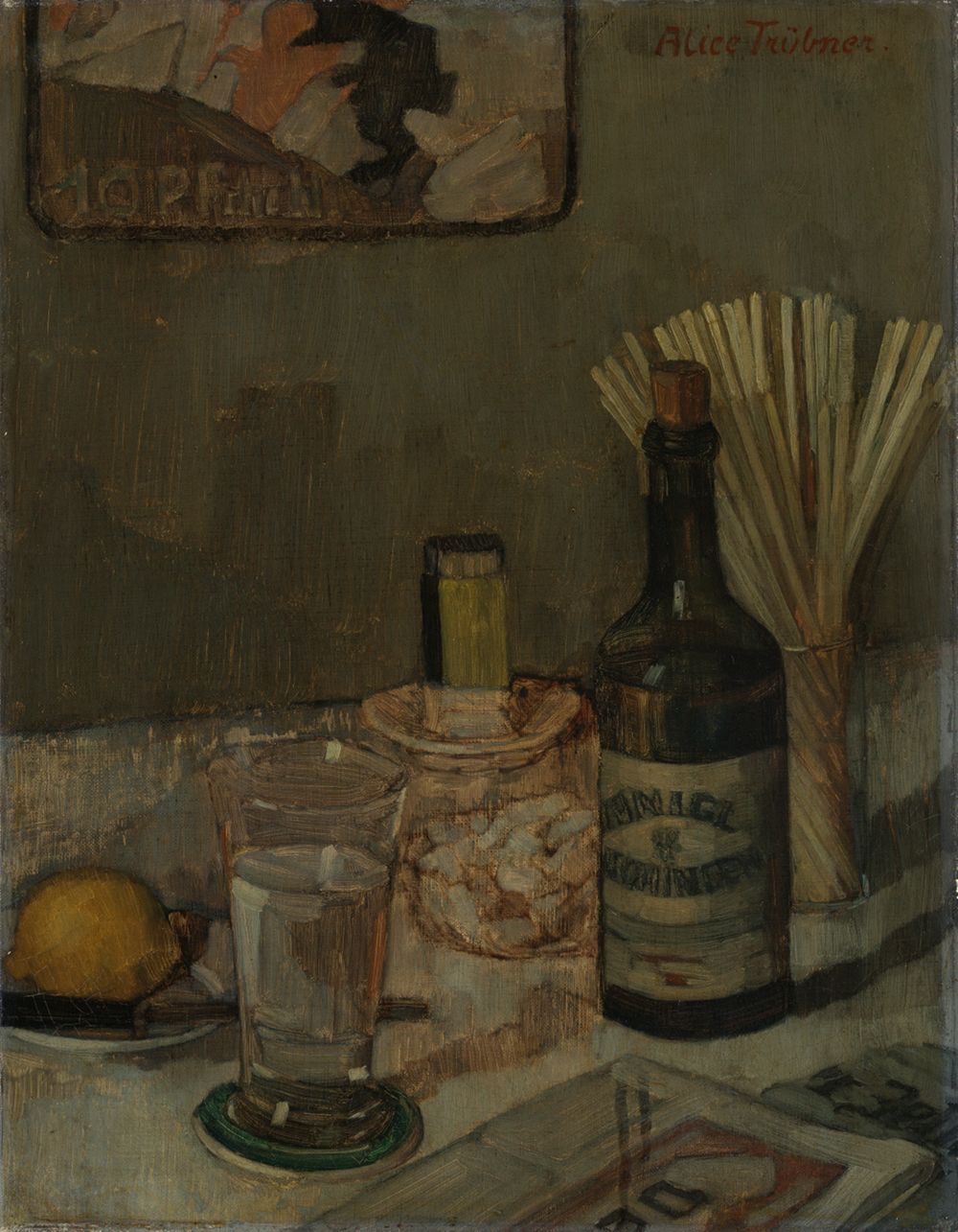 Alice Trübner - Stilleben mit Flasche, Wasserglas und Zitrone