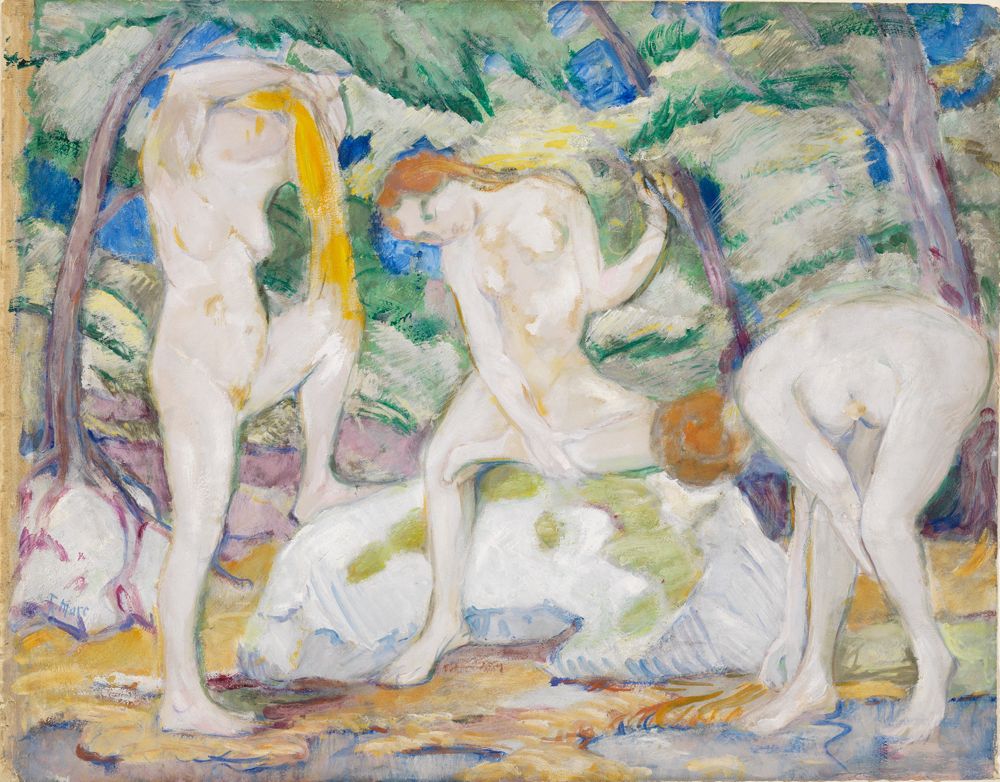 Das Bild „Badende Frauen“ von Franz Marc zeigt mehrere Frauen, die nackt in der Natur baden. Die Formen sind weich und rund, die Farben hell und freundlich.