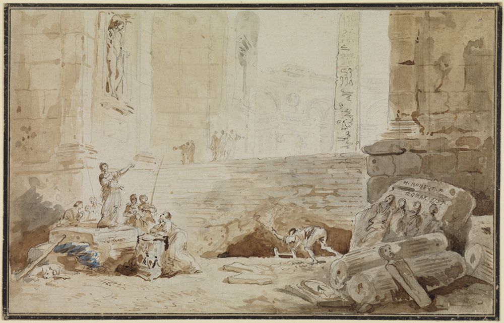 Hubert Robert - Römisches Capriccio mit Straßensängerin