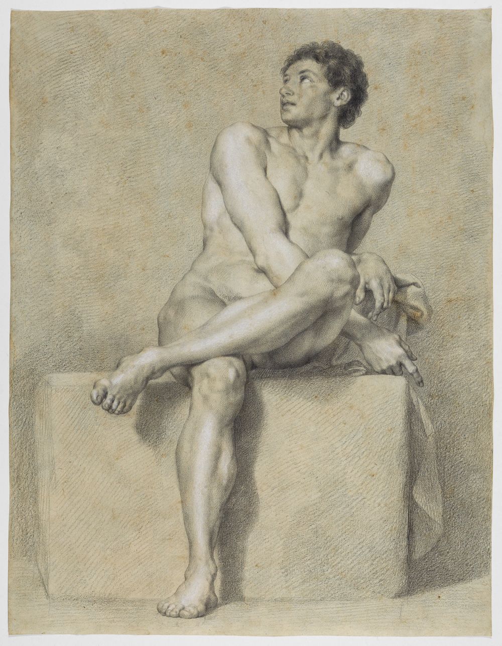 Anton Raphael Mengs - Sitzender männlicher Akt, frontal, das linke Bein über das rechte gelegt, aufblickend