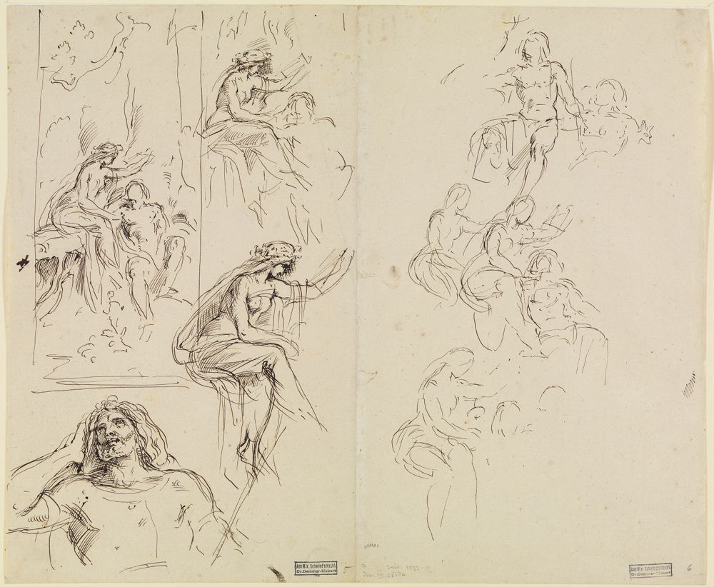 Moritz von Schwind - Studienblatt mit Kompositionsentwurf und Einzelskizzen zu König Krokus und die Waldnymphe