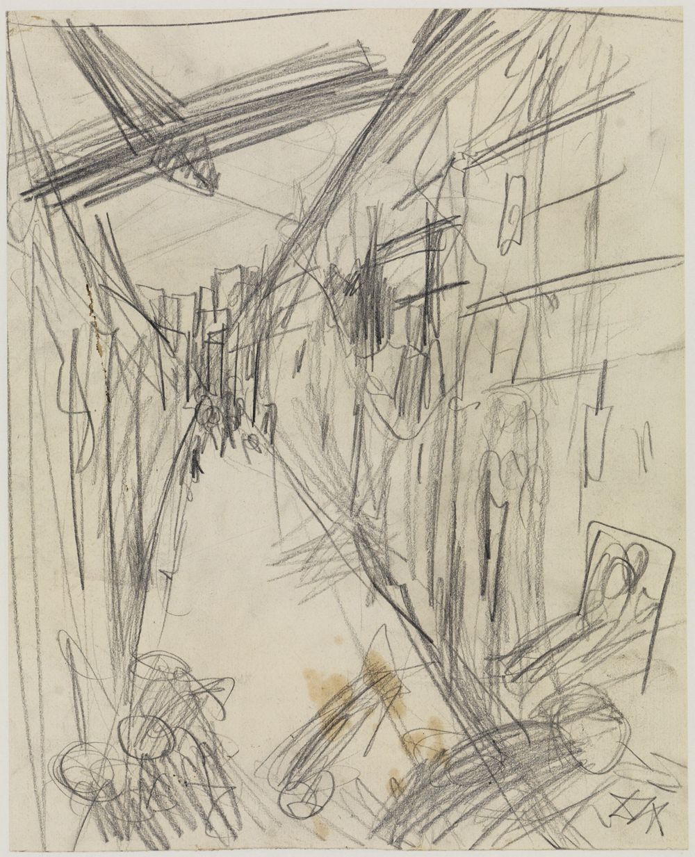 Die Zeichnung von Otto Dix zeigt die Zerstörung der Stadt Lens durch Bombenangriffe. Die Szene ist chaotisch mit Trümmern, verbrannten Gebäuden und einer Explosion.