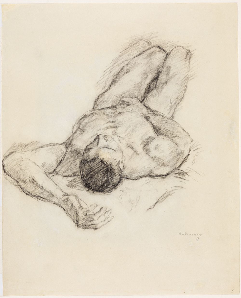 <p>Max Beckmann zeigt einen männlichen Körper, der auf dem Boden liegt. Dieser ist nackt und in einer entspannten, aber kraftvollen Pose. Der Körper ist stark und muskulös.</p><p></p>