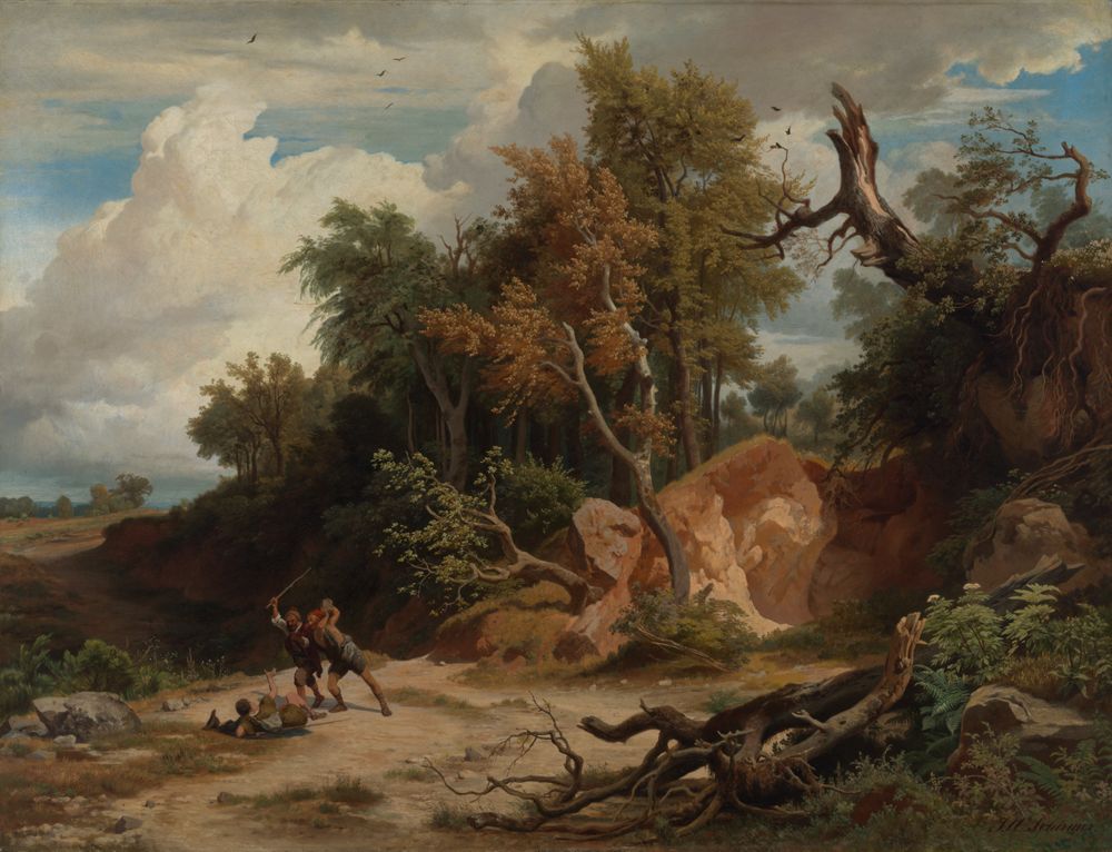 Ein Wanderer wird von mehreren Angreifern überfallen. Die Umgebung ist eine felsige oder waldreiche Landschaft. Der Himmel ist düster und bewölkt.