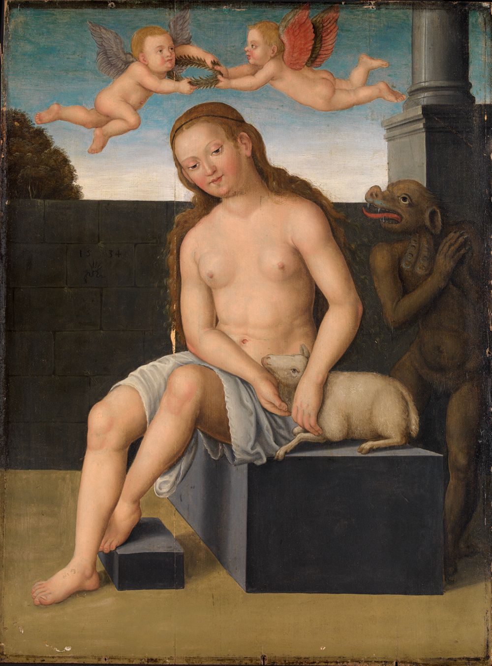 Lucas Cranach stellt eine sitzende, leicht bekleidete Frau dar. Ein kleines Schaf schmiegt sich an ihren linken Oberschenkel. Über ihr schweben zwei Putten.