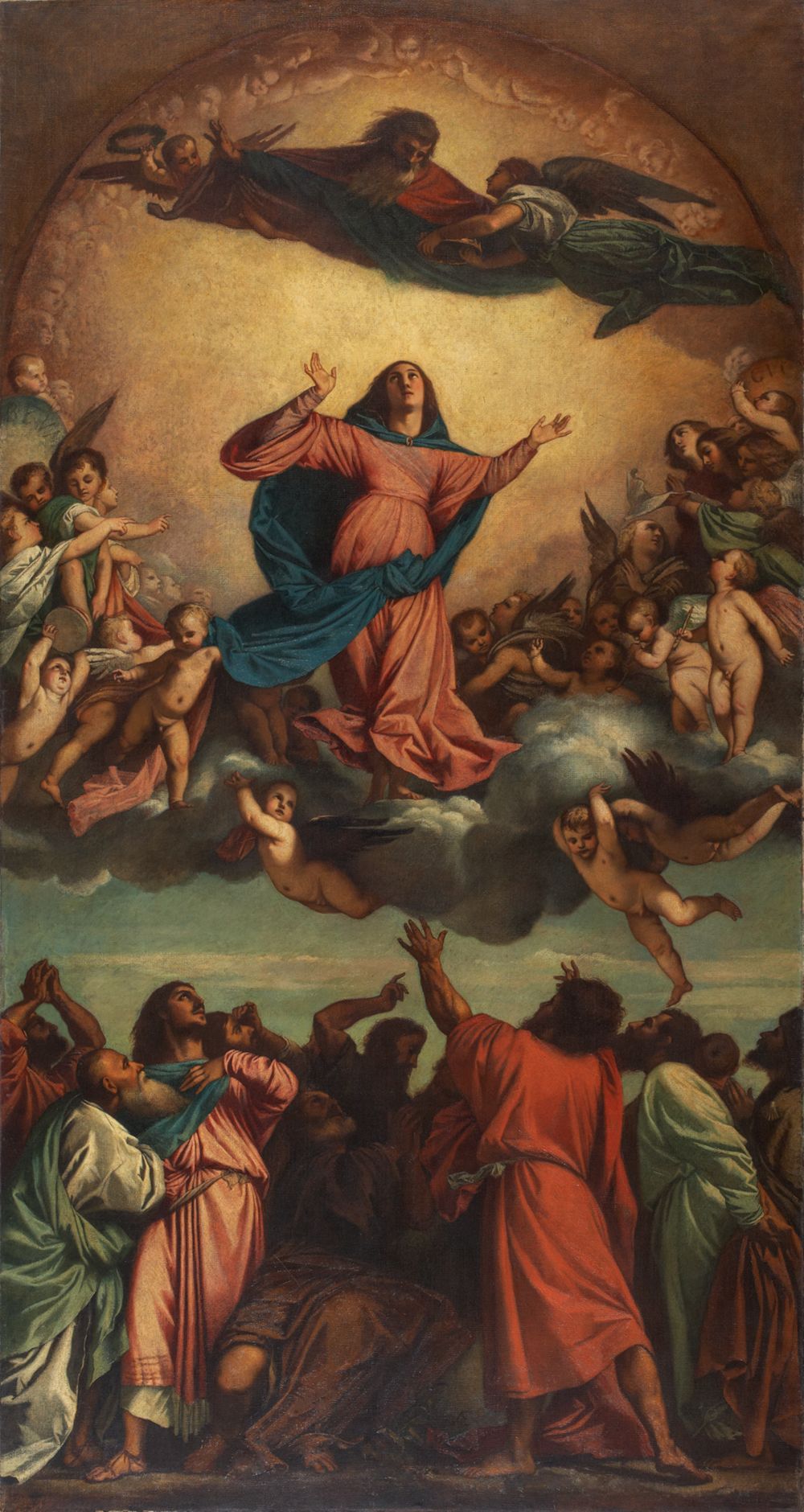 Die Himmelfahrt Mariä, zeigt Maria, die in den Himmel emporgehoben wird. Engel umgeben sie. Sie trägt ein weites, fließendes Gewand und breitet die Arme aus.