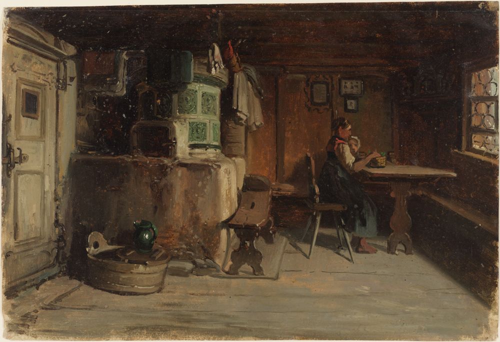 Johann Baptist Kirner - Bäuerin und Kind, am Tisch in einer Schwarzwälder Bauernstube sitzend