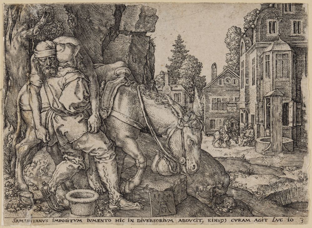 Heinrich Aldegrever - Der Samariter nimmt den Verwundeten aufs Pferd (Der barmherzige Samariter)