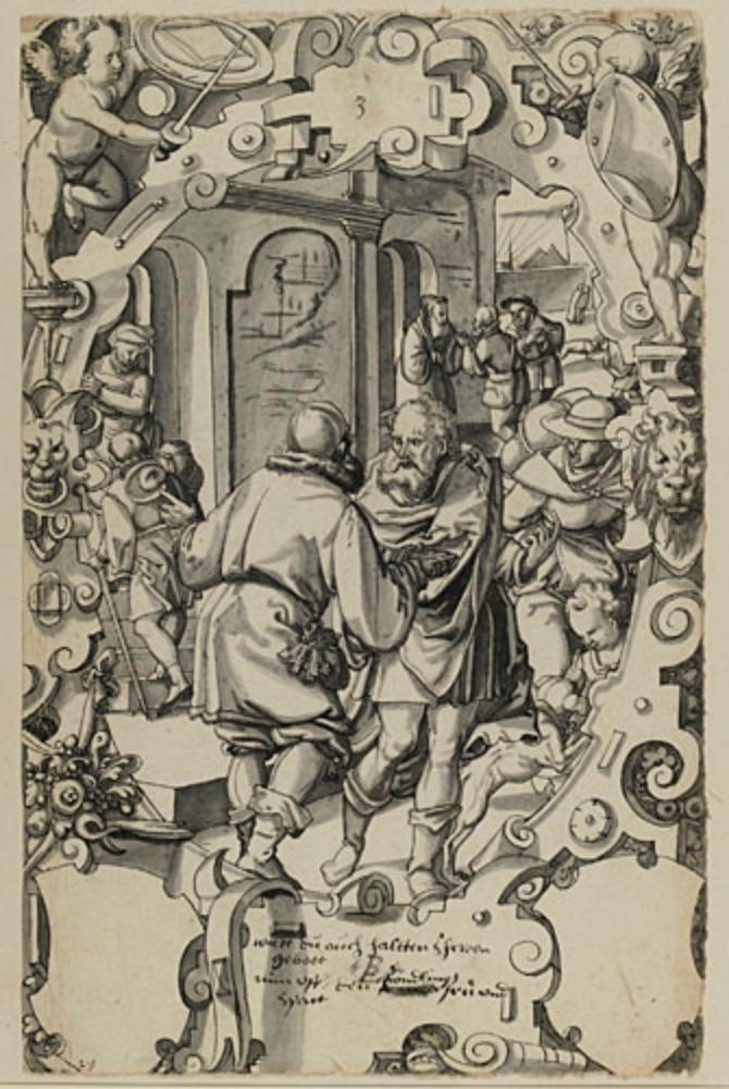 Bartholomäus Lingg - Riss mit der Beherbergung der Fremden, darunter zwei leere Wappenschilde
