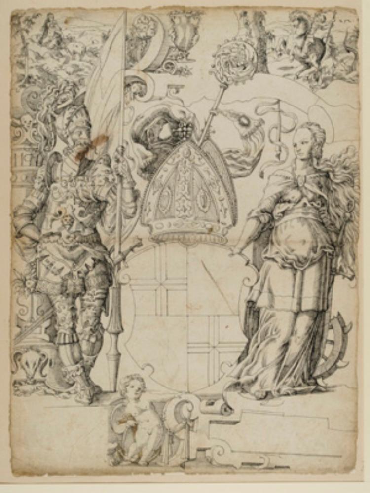 Jost Amman - Riss mit Bannerträger und Hl. Katharina als Schildhalter und nicht identifiziertem Abtswappen, im Oberbild die Hl. Agnes und der Hl. Georg