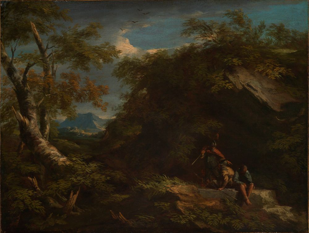 Salvator Rosa - Bergige Waldlandschaft mit rastenden Kriegern