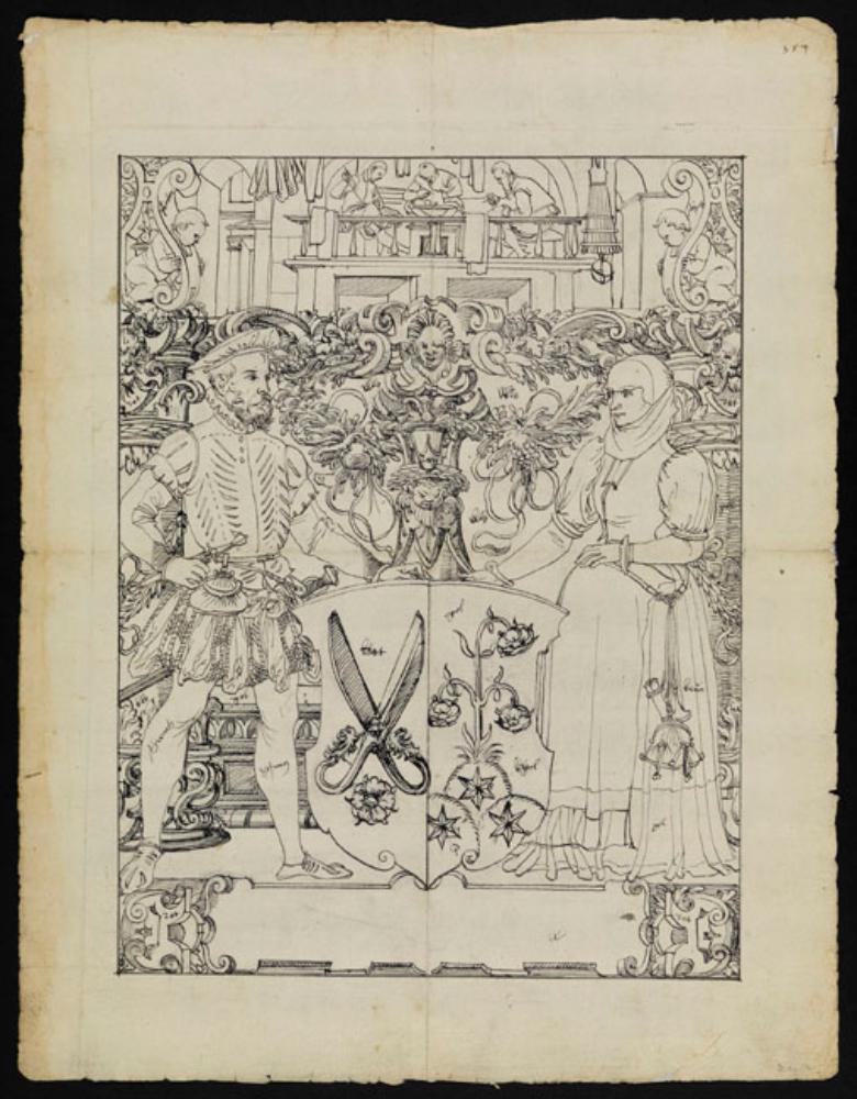 Bartholomäus Lingg - Riss mit Schildbegleiterpaar und Schneiderwappen, im Oberbild Schneiderhandwerk