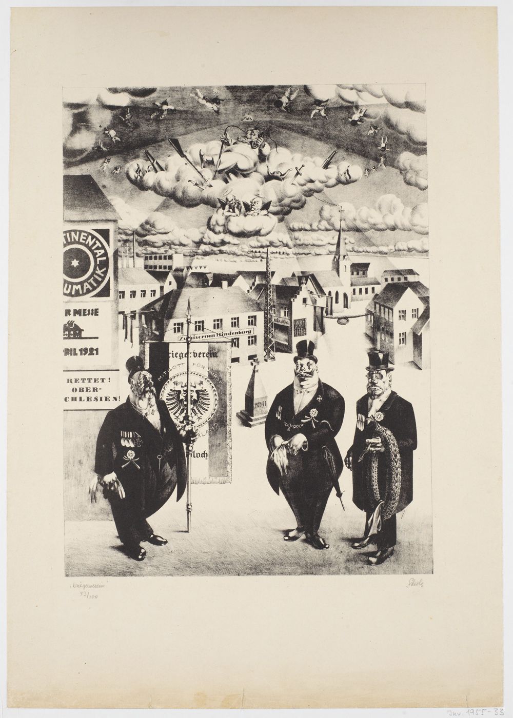 Die Lithografie zeigt eine Gruppe von Soldaten und Veteranen in einer heroischen, fast übertriebenen Darstellung, die den Krieg feiern.
