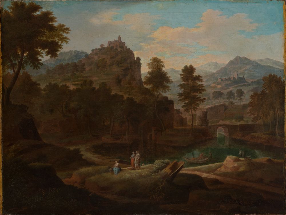 Etienne Allegrain - Südliche Berglandschaft mit einer Burg und rastenden Frauen
