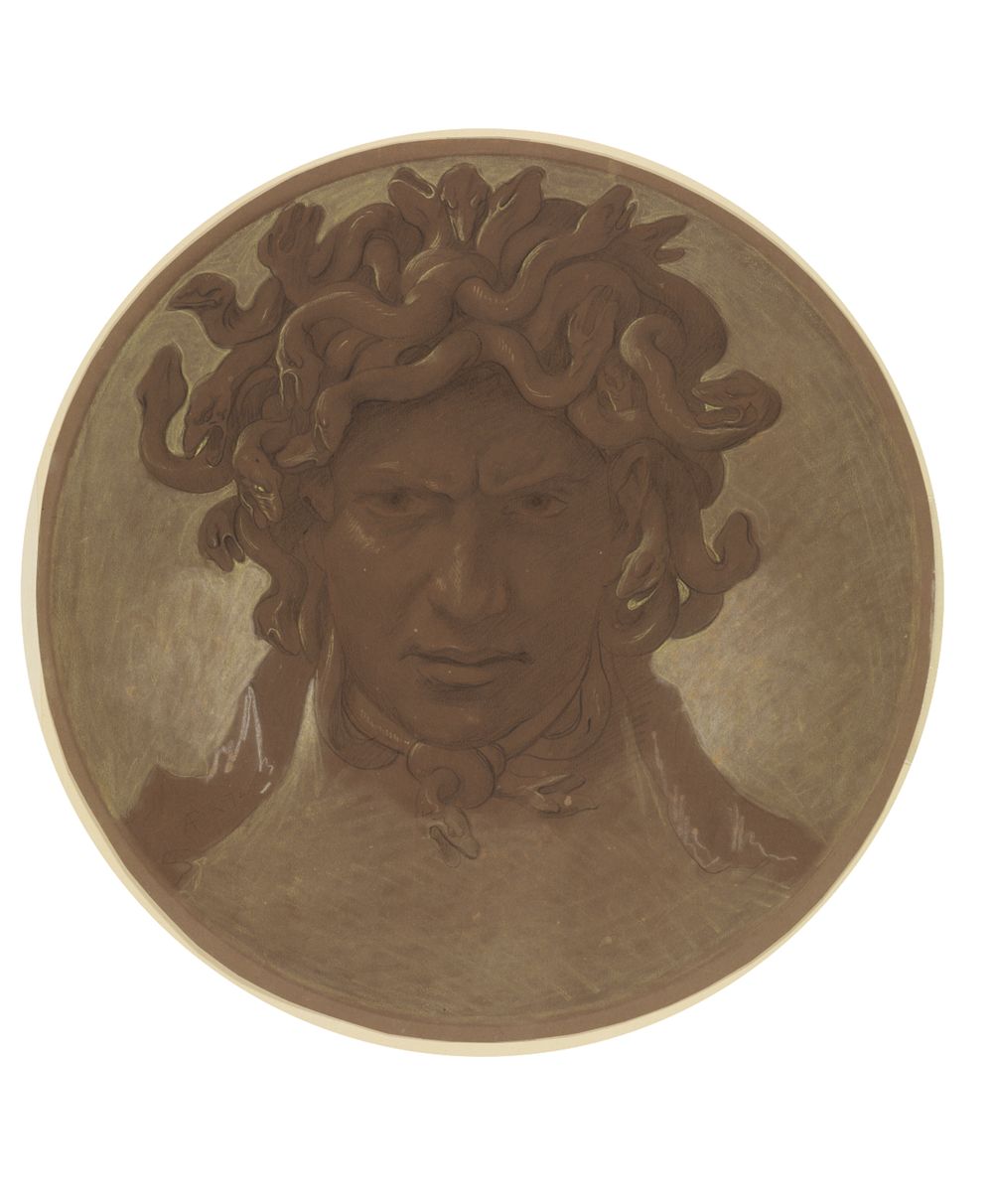 Das Bild zeigt den Kopf der Medusa mit weit aufgerissenen Augen und offenem Mund, als würde sie schreien. Ihr Haar besteht aus Schlangen, die sich in verschiedene Richtungen winden.