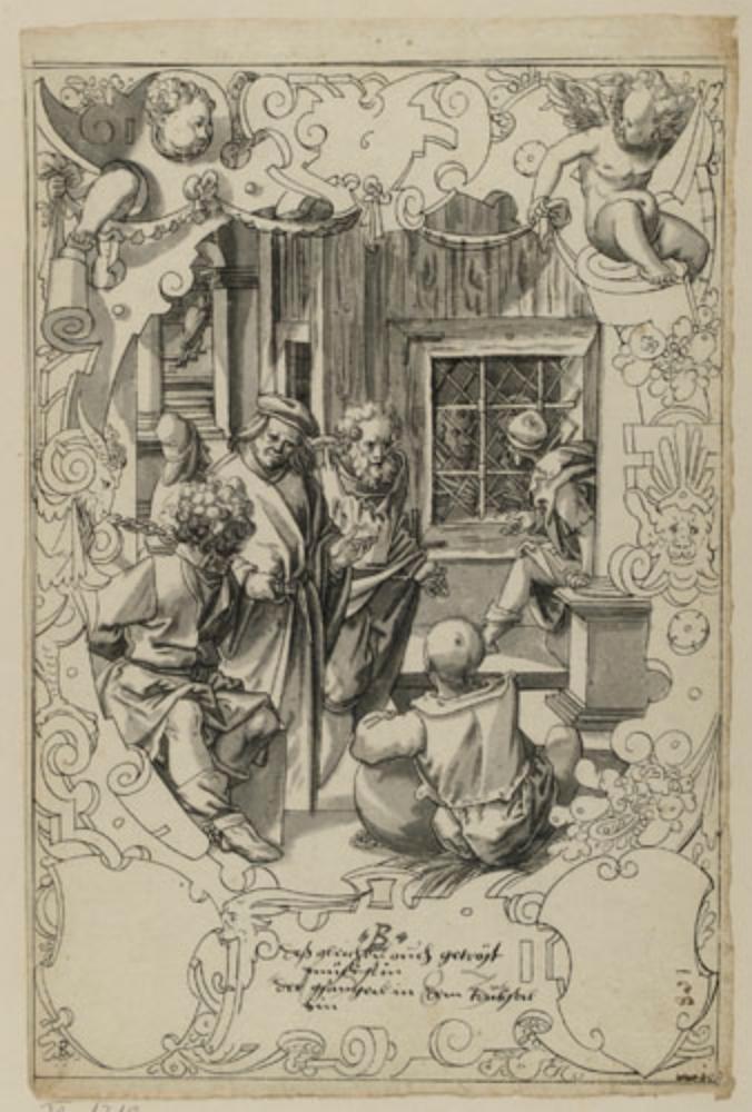 Bartholomäus Lingg - Riss mit dem Trösten der Gefangenen, darunter zwei leere Wappenschilde