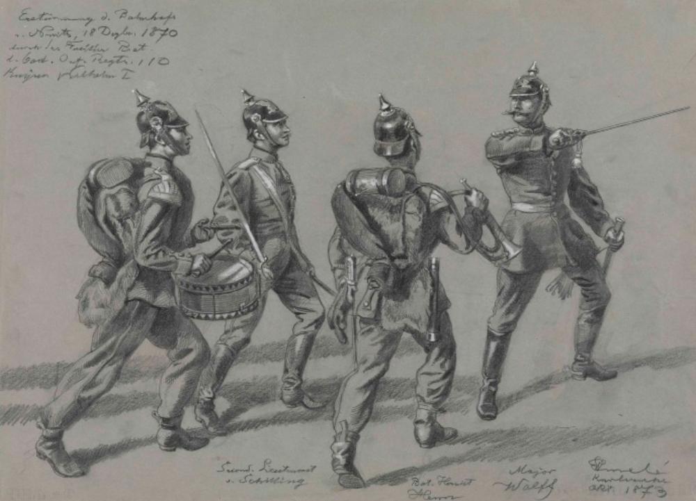 Wilhelm Emelé - Soldatengruppe mit Trommler und Trompeter