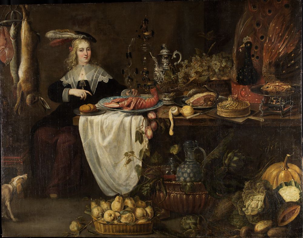 Adriaen van Utrecht - Tafelstillleben mit sitzender Dame