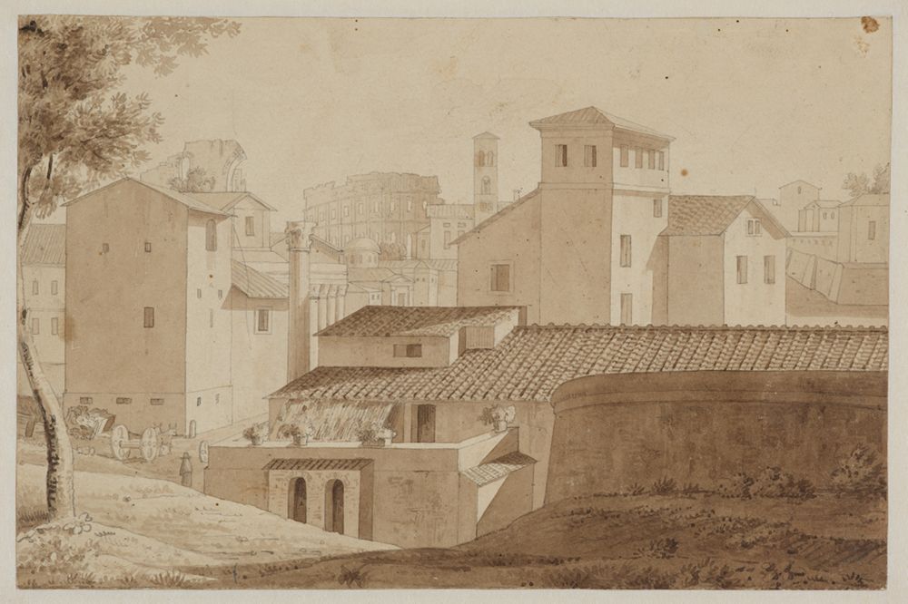Carl Ludwig Frommel - Blick vom Palatin zwischen Häusern hindurch auf das Kolosseum in Rom
