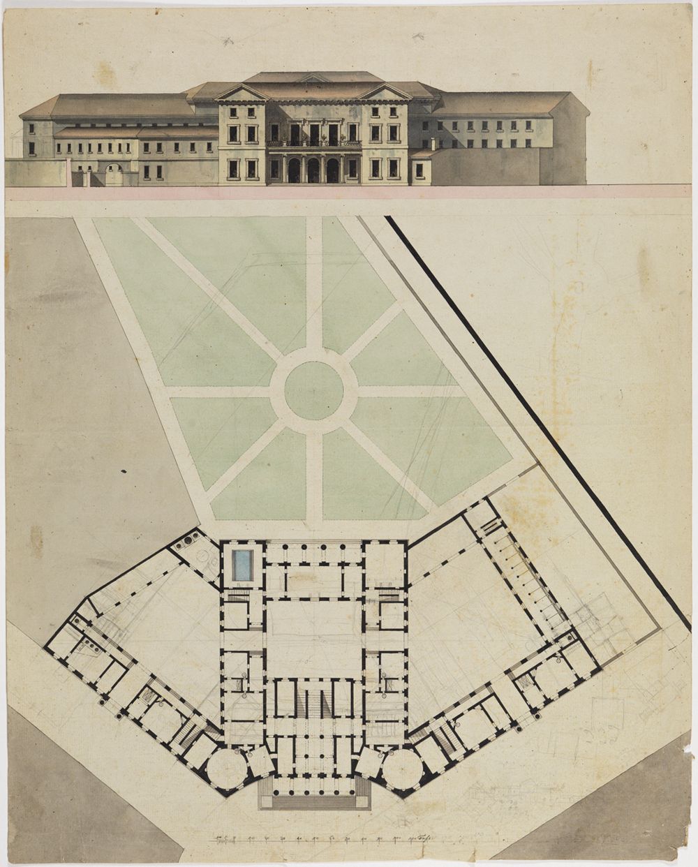 Friedrich Weinbrenner - Plan zum Markgräflichen Palais: Gartenfront und Grundriss