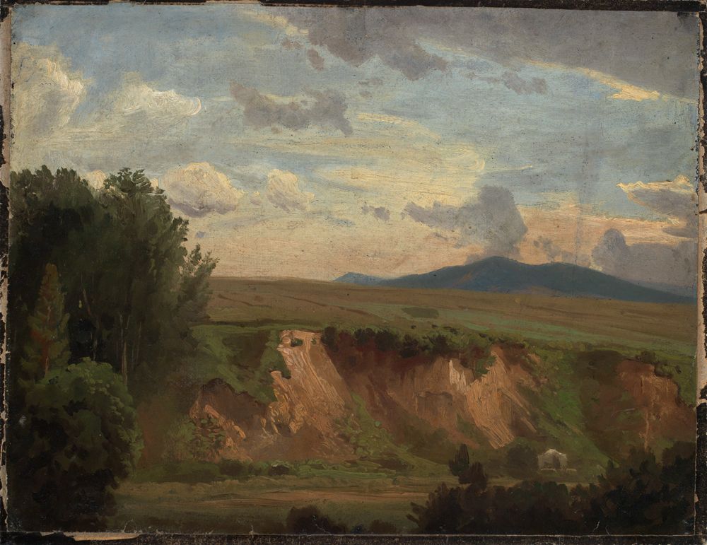 Die südfranzösische Landschaft von Johann Wilhelm Schirmer zeigt eine sonnige, mediterrane Landschaft. mit Olivenbäumen und Büschen auf einem sanften Hügel.