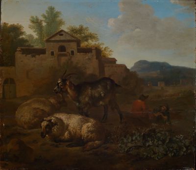 Daniel de Bondt - Ziege und Schafe mit musizierenden Hirten in Landschaft