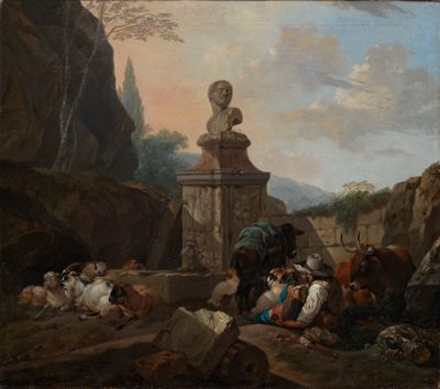 Joh. Heinrich Roos - Ruhender Hirt und Herde an römischem Brunnen