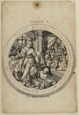 Christoph Murer (Umkreis) - Riss für Rundscheibe mit Justitia, im Hintergund das Urteil Salomons