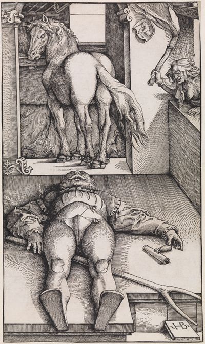 <p>Das Bild von Hans Baldung zeigt einen Stallknecht, der von einem Pferd fällt, das wild ausschlägt, während die Hexe und unheimliche Kreaturen die Szene umgeben.</p><p></p><p></p>