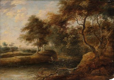 Flämischer Meister - Waldrand mit Wasserlauf und rastendem Wanderer