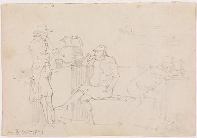 Friedrich Weinbrenner(?) - Skizzenbuchblatt (verso: Drei Männer in Kostümen des späten 18. Jh. in einer Osteria)