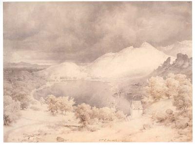 Carl Friedrich Lessing - Vulkanischer Berg mit See, Wald und Heiligenhäuschen