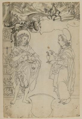 Bartholomäus Lingg (zugeschrieben) - Riss mit dem Hl. Johannes d. Täufer und dem Hl. Johannes d. Evangelist, darunter leerer Wappenschild, im Oberbild Reiter