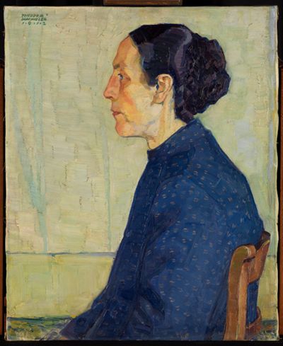 Theodor Schindler - Profilbild einer sitzenden Frau in Halbfigut