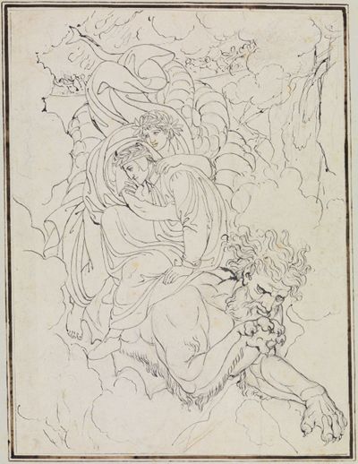 Das Bilt zeigt Dante und Virgil auf dem Rücken von Geryon, einem furchterregenden Wesen mit einem Menschenkopf, einem Schlangenleib und Flügeln.
