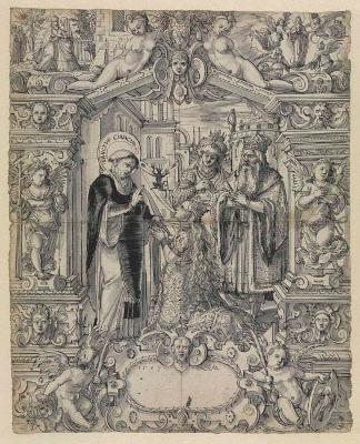 Daniel Lindtmayer (1552) - Riss mit dem Hl. Cyriakus, der die Tochter des Kaisers Diokletian heilt, flankiert von Fides und Spes, im Oberbild Heimsuchung und Himmelfahrt Mariae