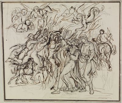 Koch zeigt Dante und Virgil in einem düsteren, unheimlichen Wald. Die Bäume sind verdreht und wirken lebendig. Sie stellen die Seelen der Selbstmörder dar.