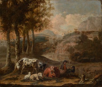 Adriaen van de Velde - Nachfolger - Hirte mit Rindern, Ziegen und Schafen in Landschaft