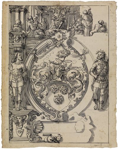 Hans Jakob Plepp (zugeschrieben) - Riss mit Wappen Iselin, flankiert von Epaminondas und Appius Claudius Caecus, im Oberbild Urteil des Kambyses