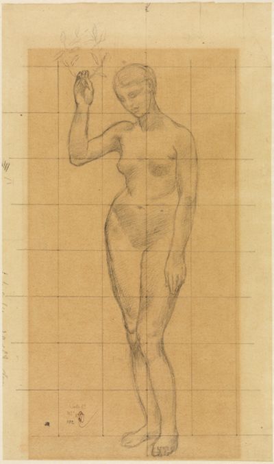 Pierre Puvis de Chavannes - Stehender Frauenakt, schräg nach links, einen Kranz in der erhobenen Rechten