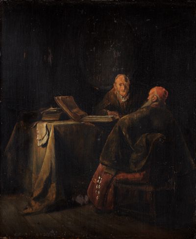 <p>Das Bild aus der Schule Rembrandts zeigt zwei ältere Männer, die in einem dunklen, gemütlichen Raum an einem Tisch sitzen. Einer liest ein großes Buch, während der andere aufmerksam zuhört.</p><p></p>