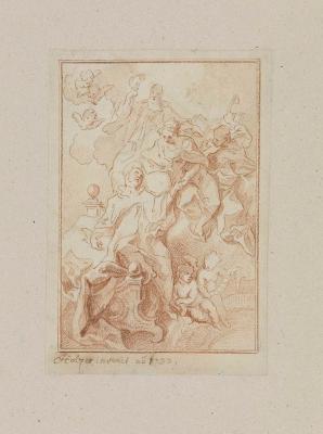 Johann Evangelist Holzer - Sterbebild mit Maria auf der Mondsichel und den Heiligen Laurentius und Benedict