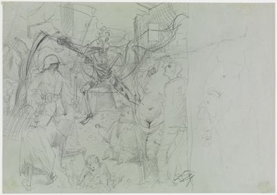 Otto Dix - Triumph des Todes, rechts Teilstudien dazu