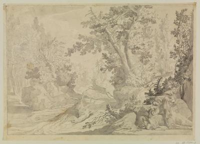 Johann Elias Ridinger - Jagd auf Rotwild, rechts drei Jäger