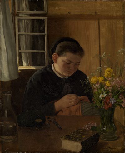 Hans Thoma - Nähendes Mädchen