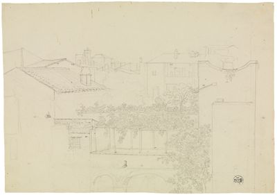 Friedrich Mosbrugger - Blick auf Hinterhäuser und eine Pergola in einer italienischen Stadt (Rom?)