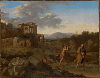 Cornelis van Poelenburg - Italienische Berglandschaft mit Abraham und Isaak auf dem Wege zur Opferstätte