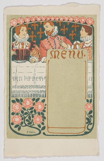 Franz Hein (1863) - Menu-Karte: Ritter mit zwei Damen